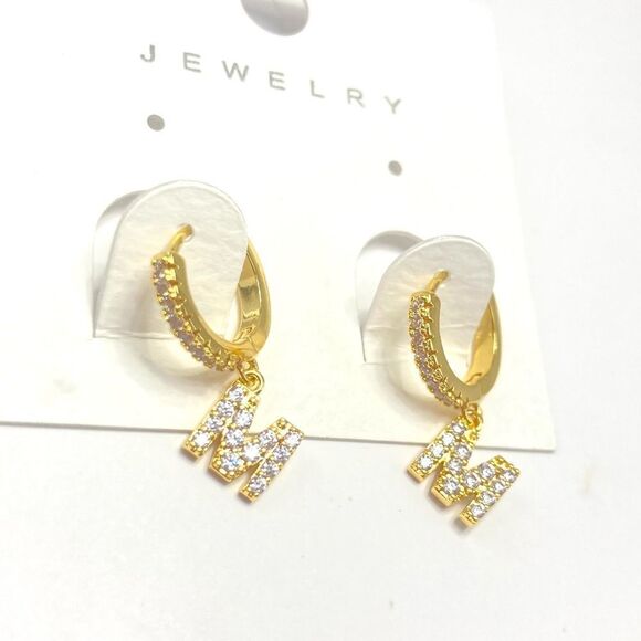Gold Initial “M” Rhinestone Hoop Earrings - Picture 1 of 3